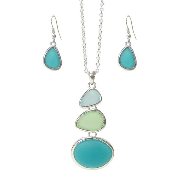 Sea Life Multi Sea Glass Link Drop Pendant Necklace Set - Picture 1 of 1
